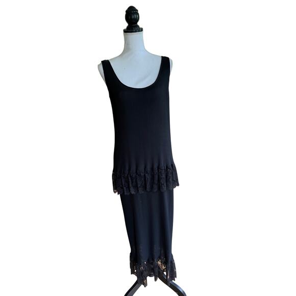 Vintage Fernado Sanchez Dress Sheer Accordion Pleat Lace Black Tiered Column - Picture 1 of 5